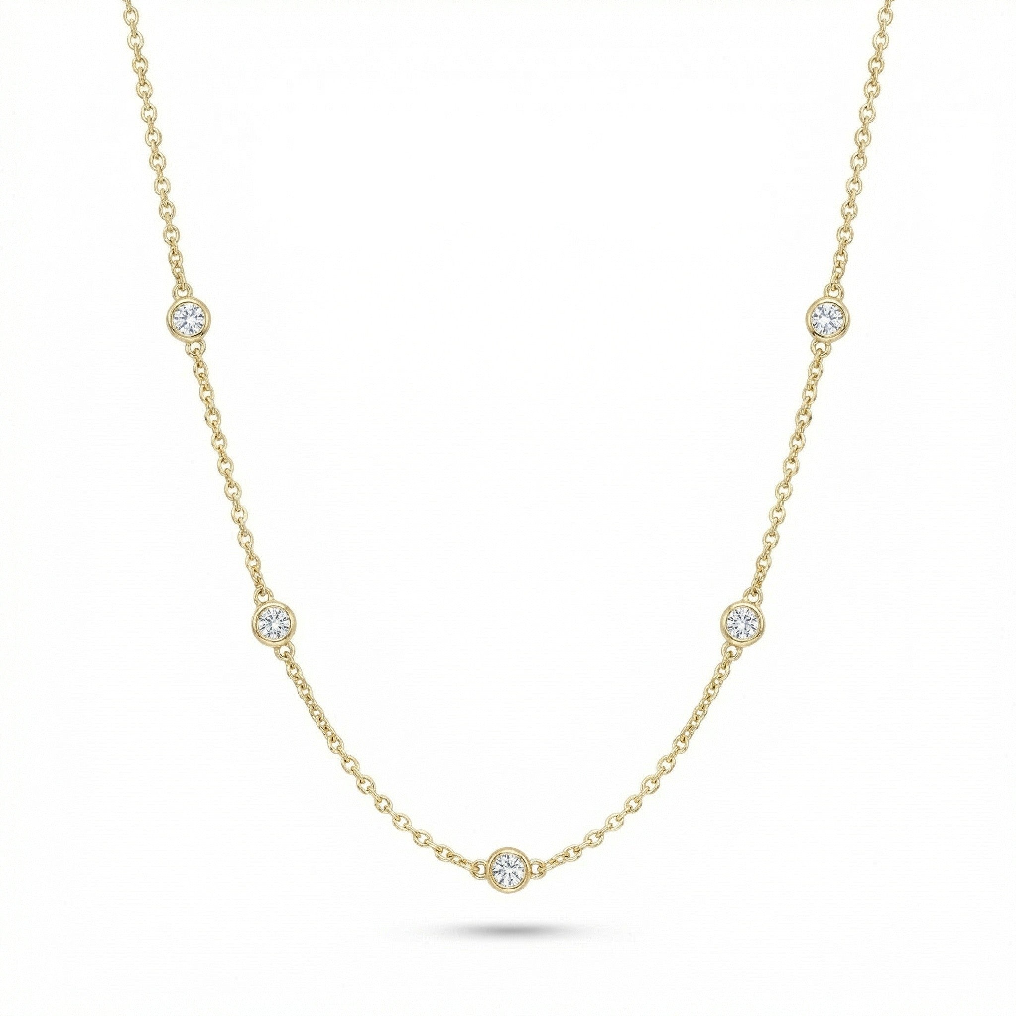 14K necklace with 5 bezel set diamonds