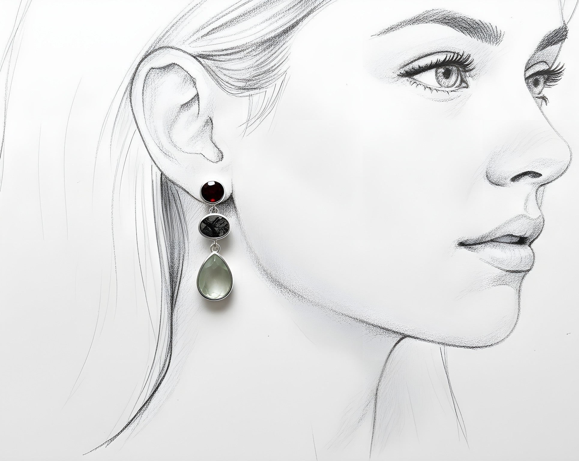 illustration display of 3 stone sterling silver earrings with garnet, black rutile quartz and prasiolite