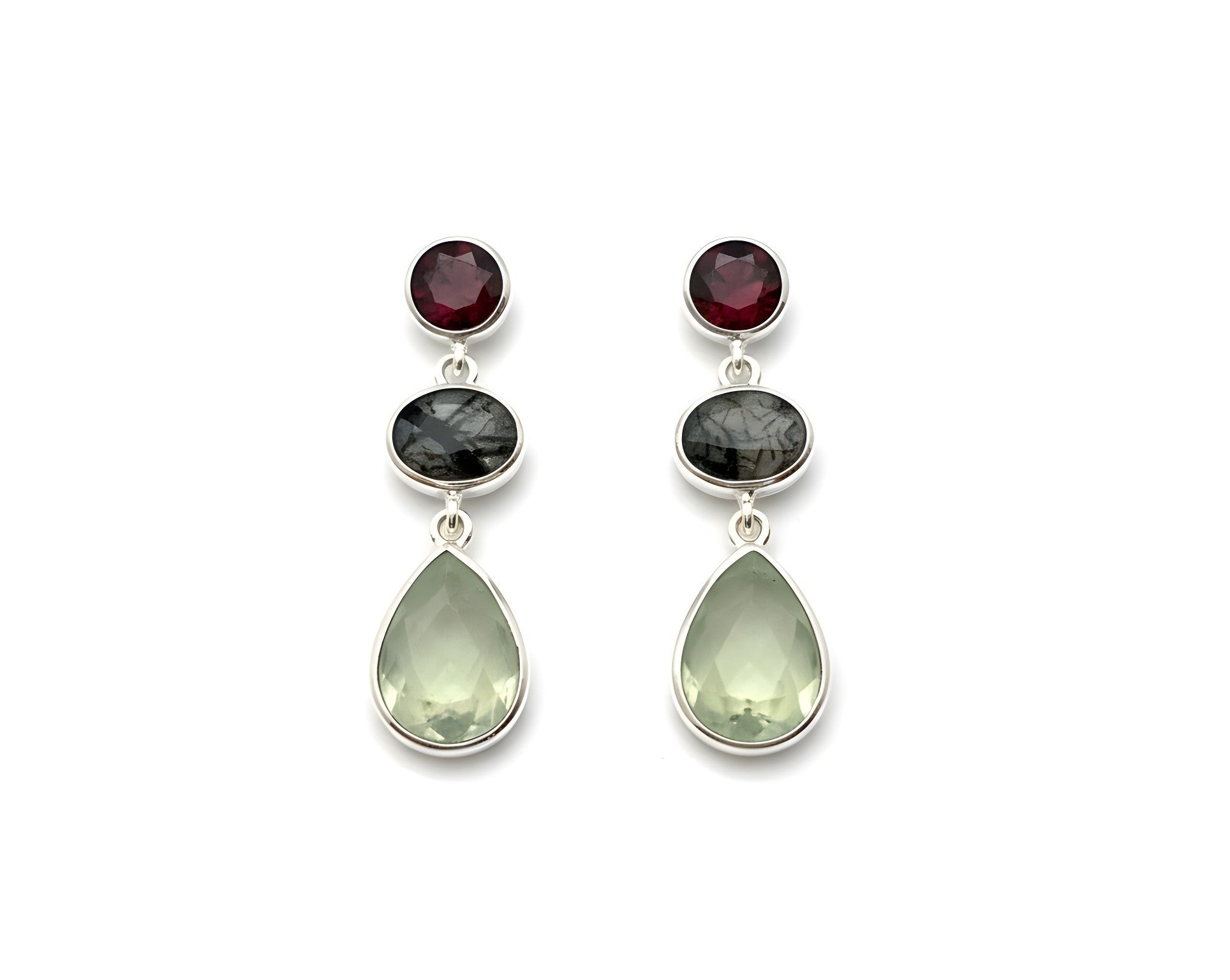 3 stone sterling silver earring with garnet, black rutile quartz and prasiolite