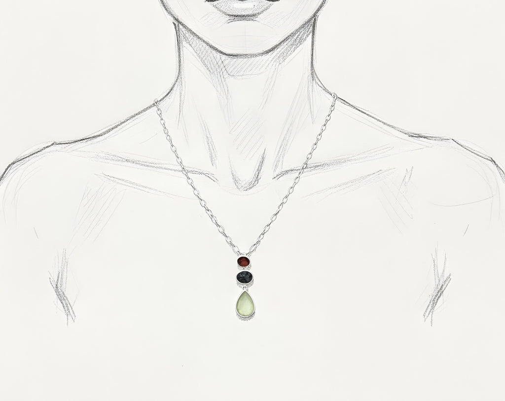 illustration display of 3 stone sterling silver pendant with garnet, black rutile quartz and prasiolite