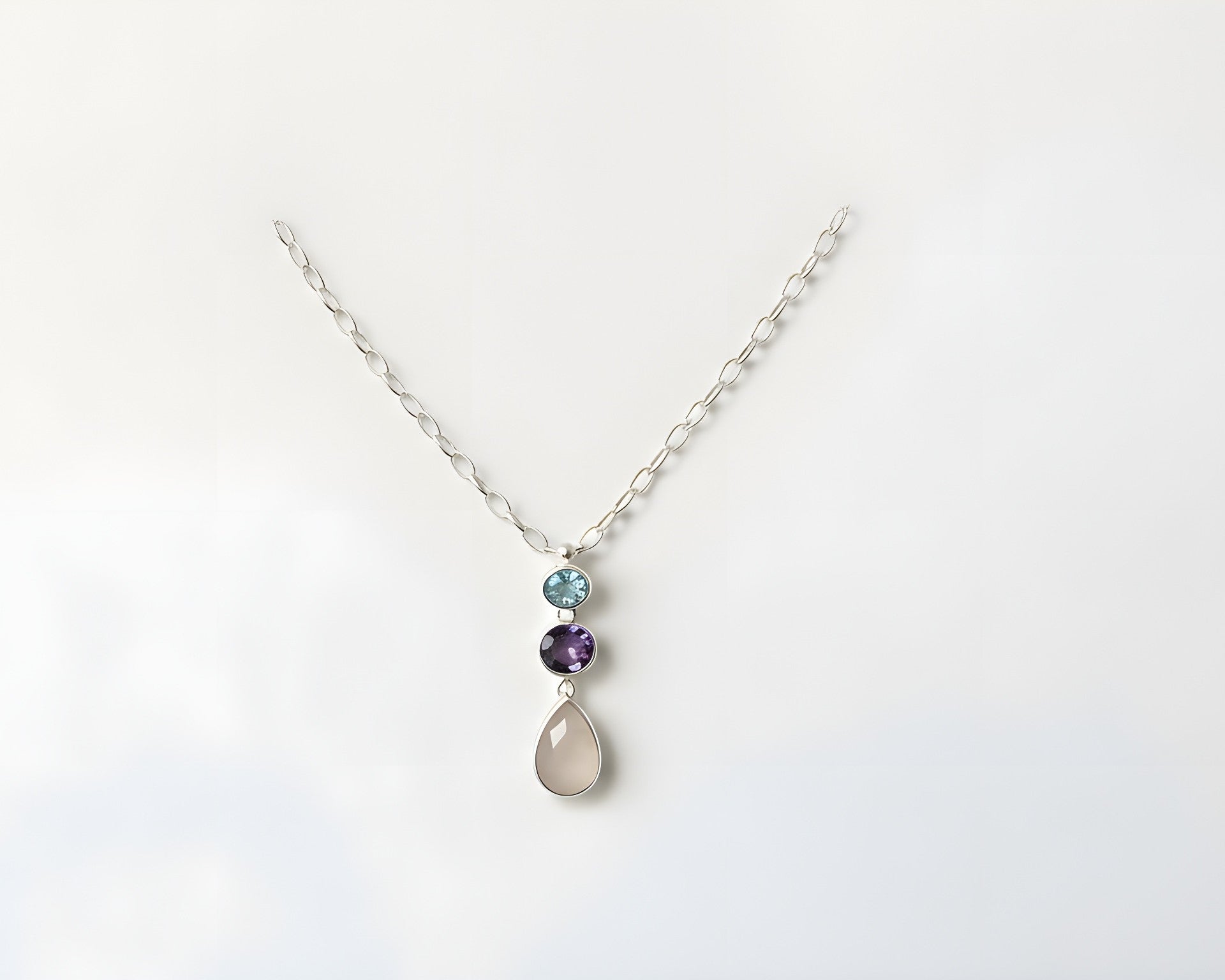 3 stone sterling silver pendant with aquamarine, amethyst and rosa quartz