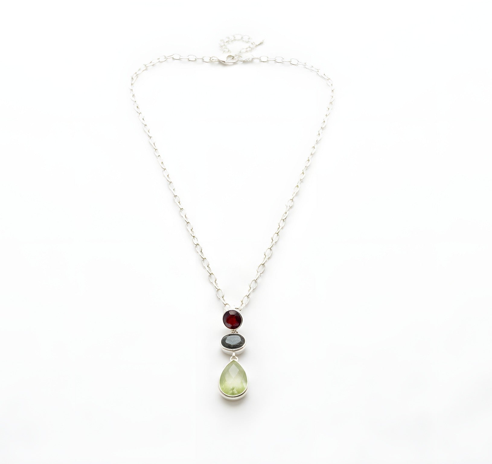 3 stone sterling silver pendant with garnet, black rutile quartz and prasiolite