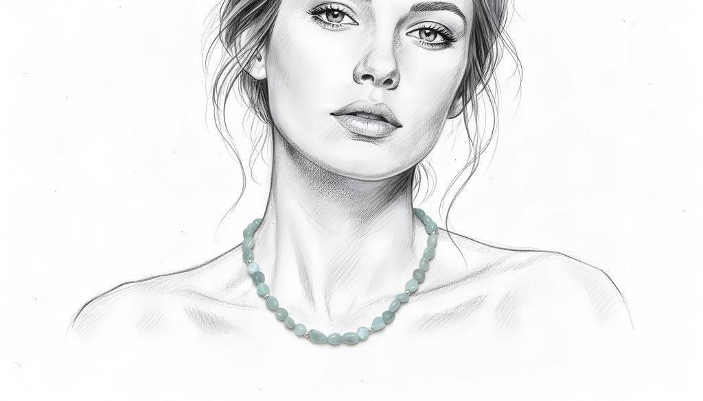 Display of aquamarine nugget necklace with sterling silver beads