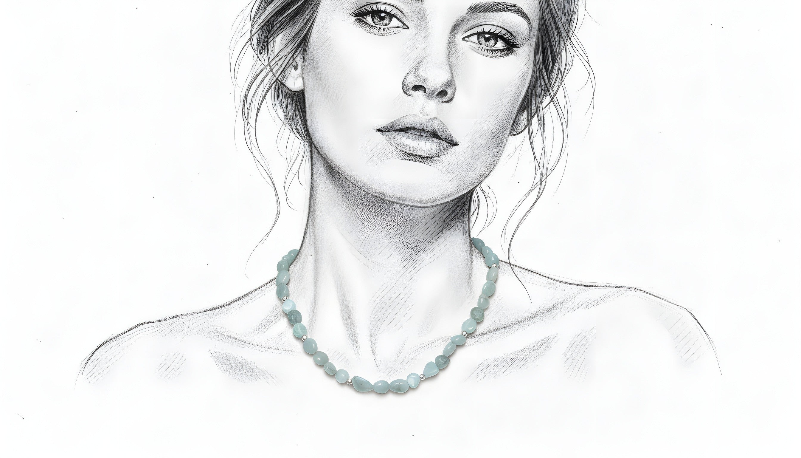 Display of aquamarine nugget necklace with sterling silver beads