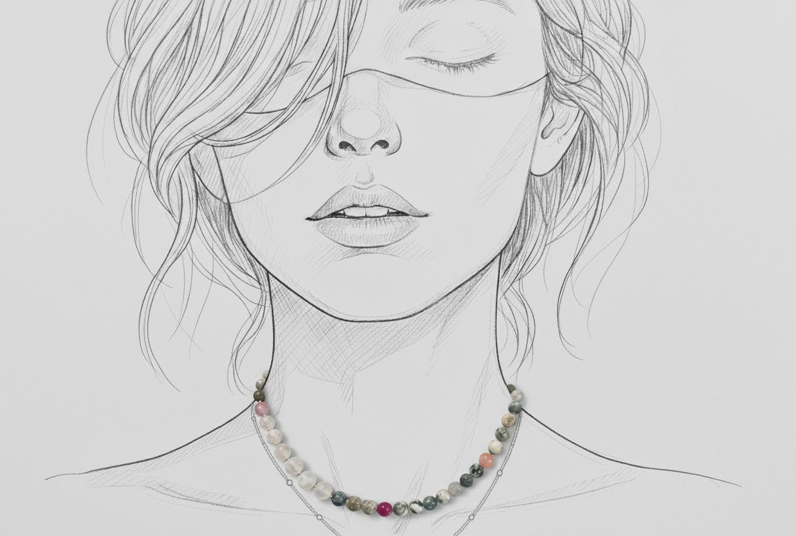 Illustration display of Eviselle with agat and tourmaline gemstone necklace