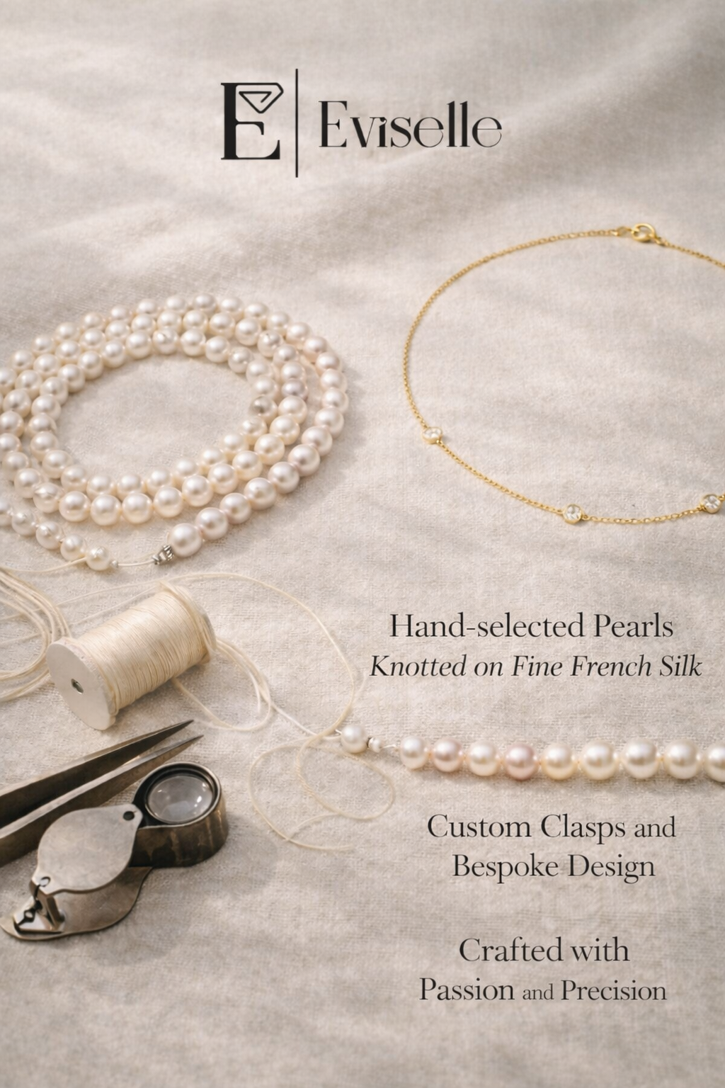 Pearl jewelry set with tools on a textured surface, featuring Eviselle branding.