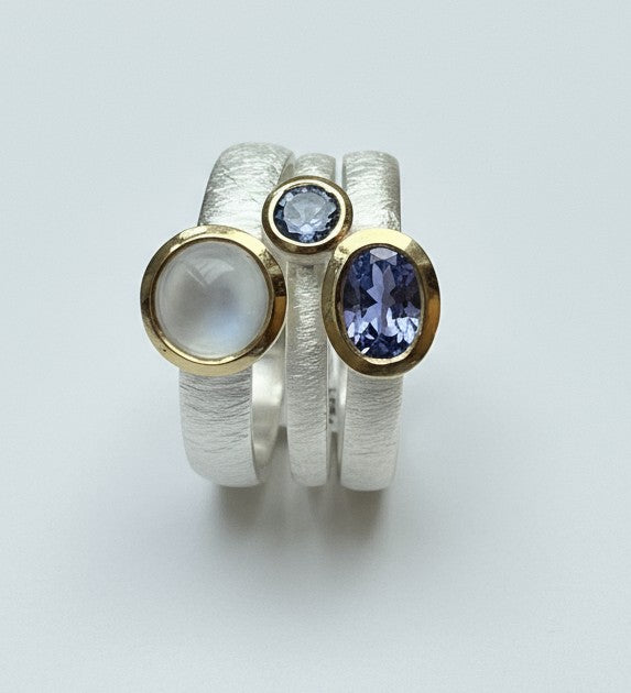 Moonstone, Tanzanite and Sapphire bezel solitaire sterling silver rings