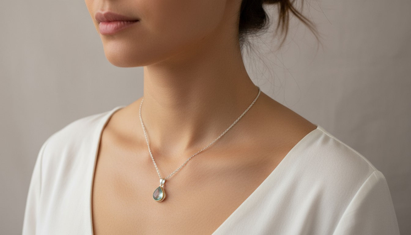 Display oval aquamarine teardrop pendant in sterling silver