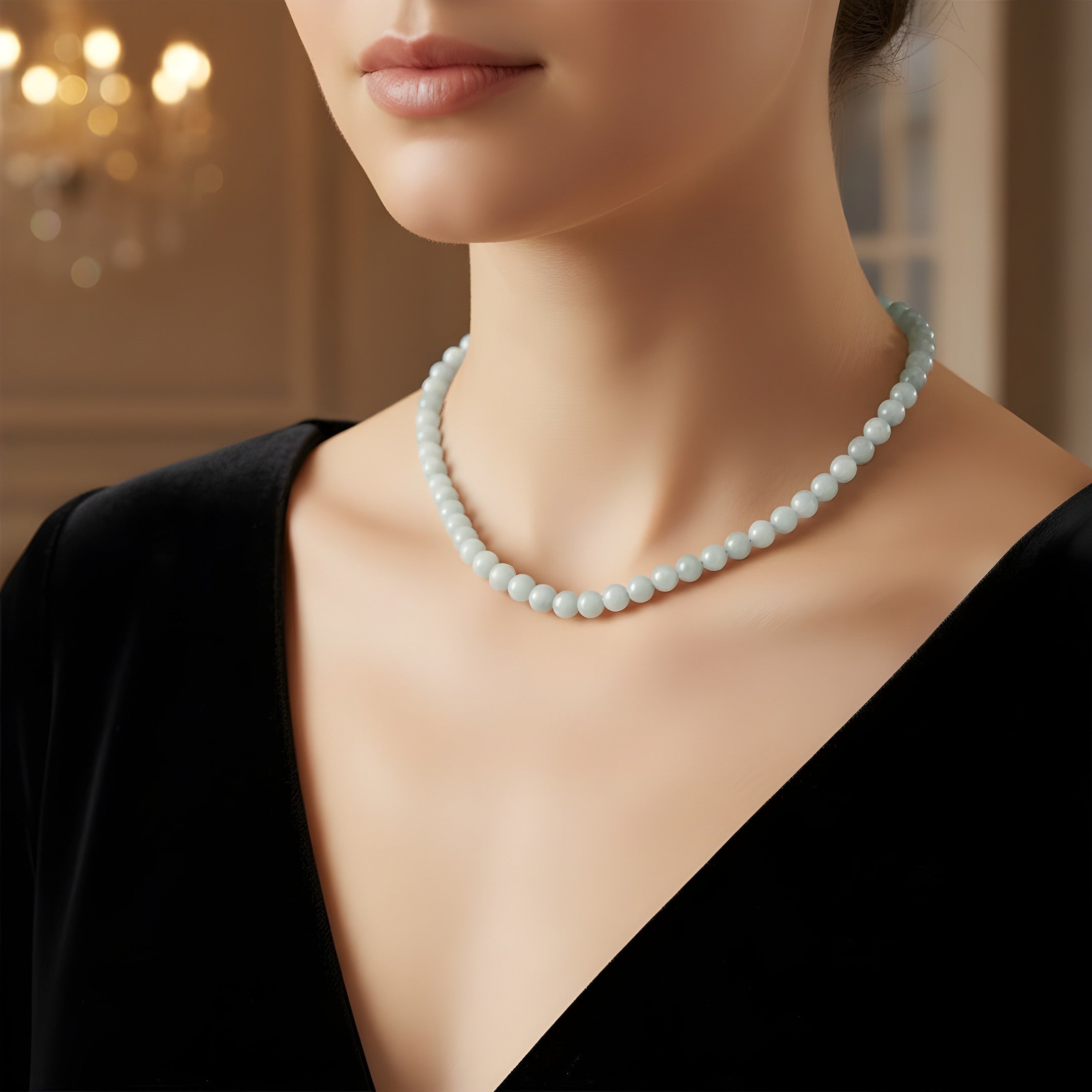 Display of Aquamarine gemstone necklace 8mm 