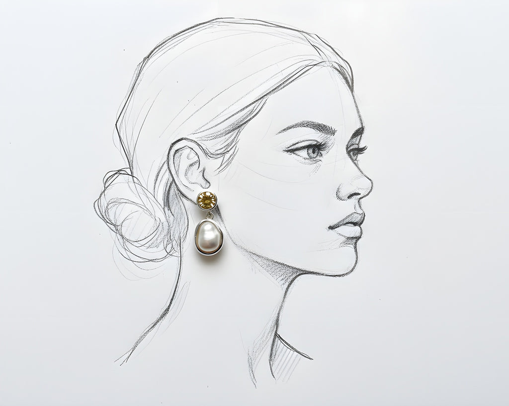 Drop earring with round citrine and cultured pearl