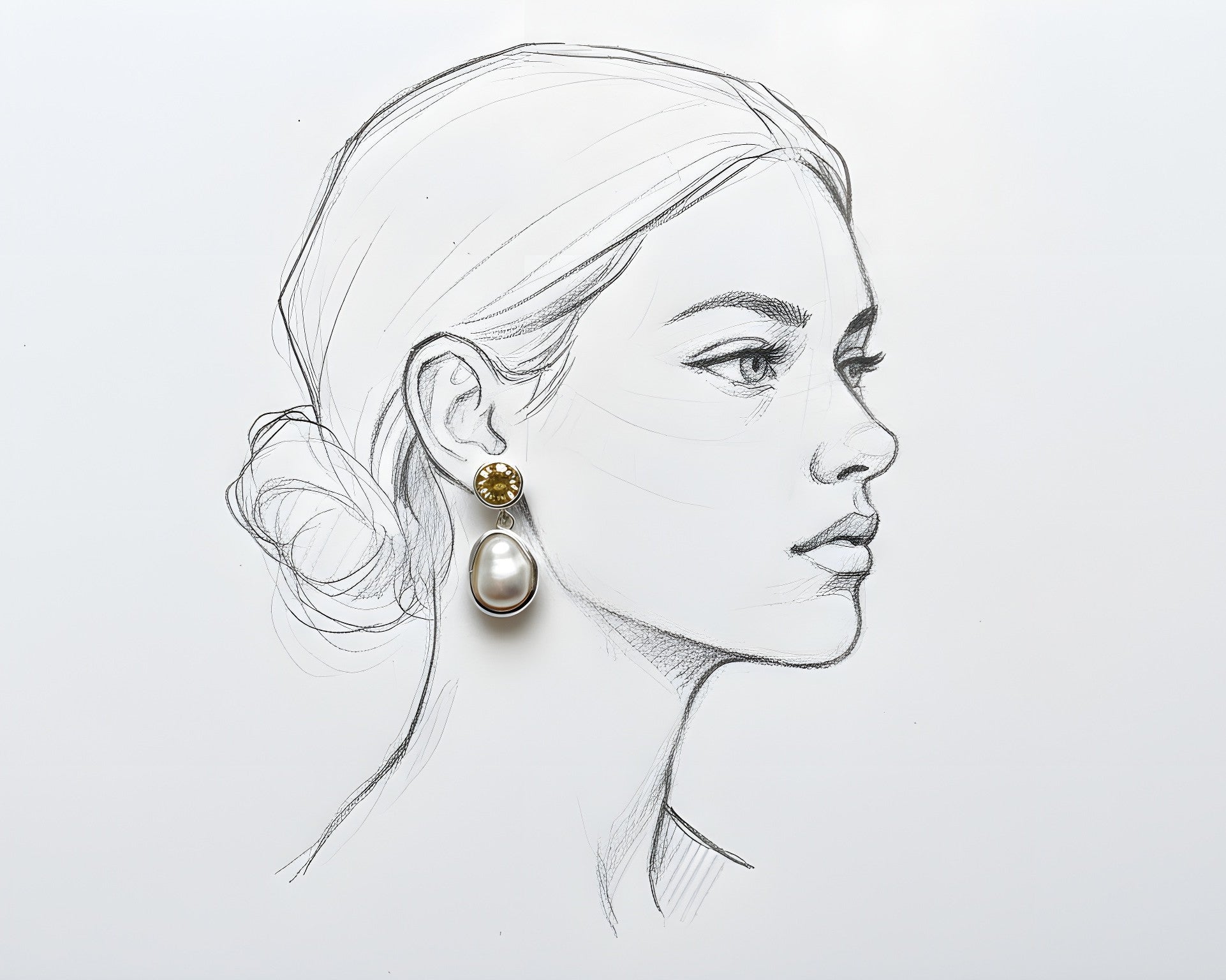 Drop earring with round citrine and cultured pearl