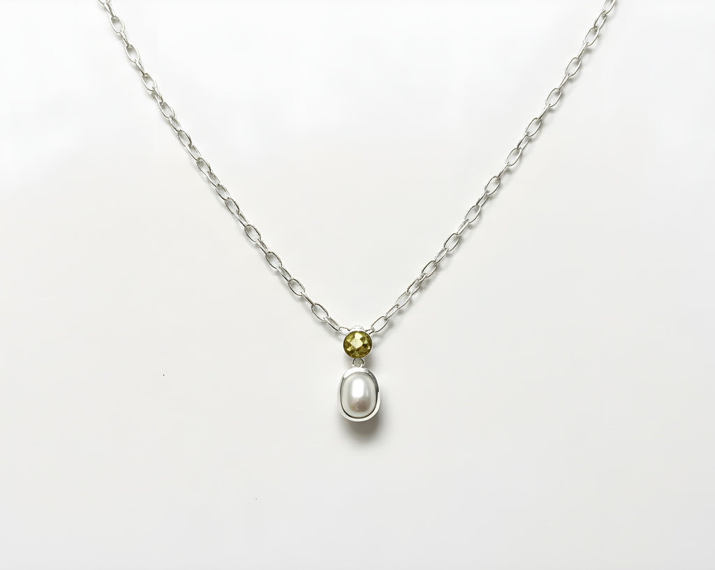 Drop earring with round citrine and cultured pearl