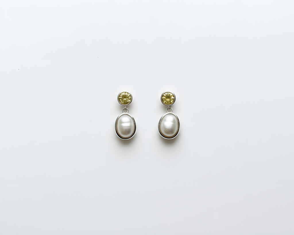 Drop earring with round citrine and cultured pearl