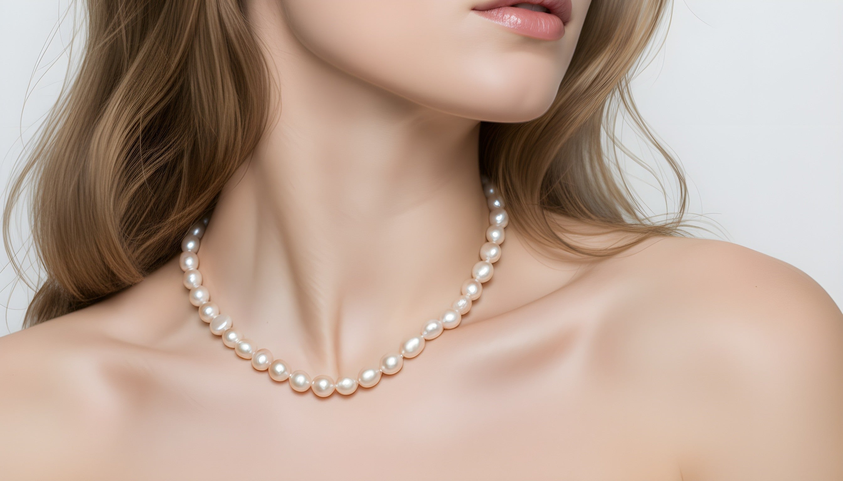 Display of pink freshwater pearl necklace