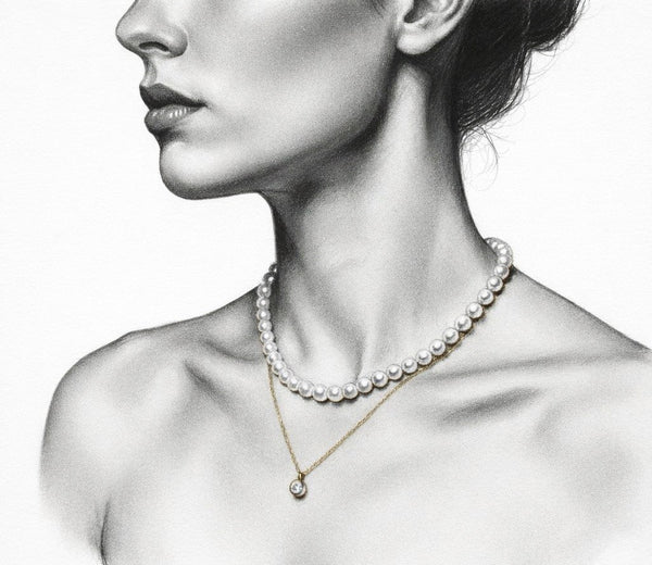 Illustration of a woman wearing a pearl necklace and a diamond pendant